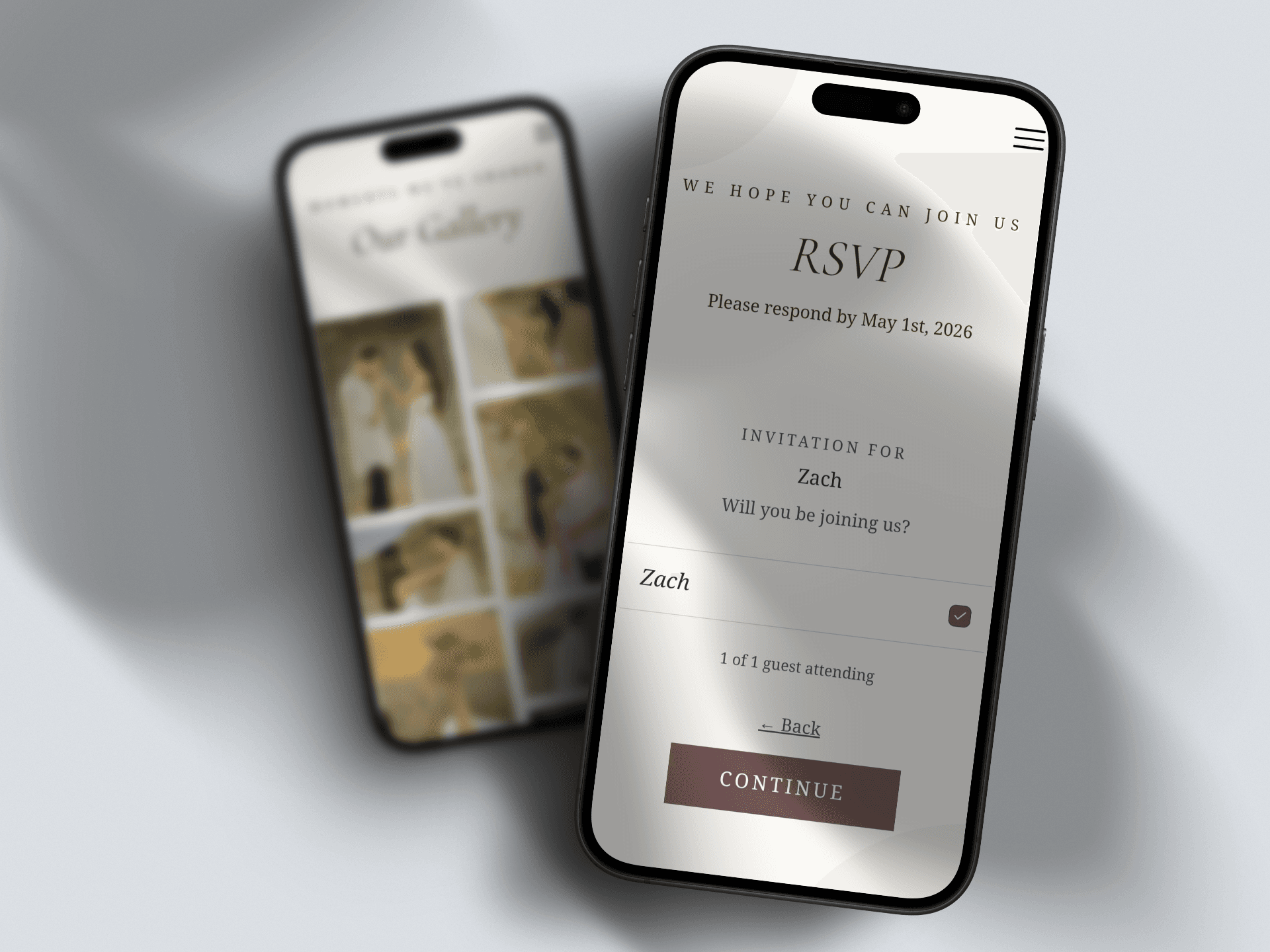 Mobile RSVP flow showing guest attendance selection