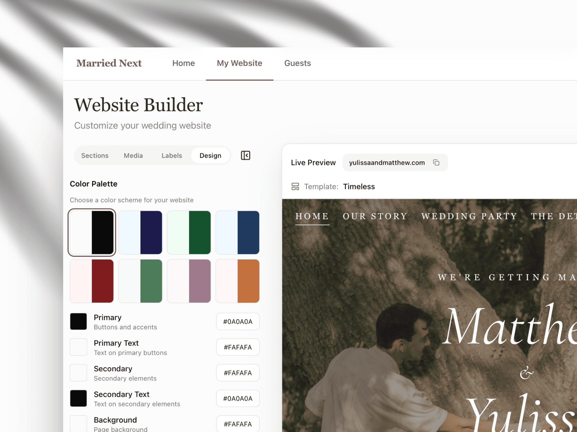 Wedding website builder with live preview