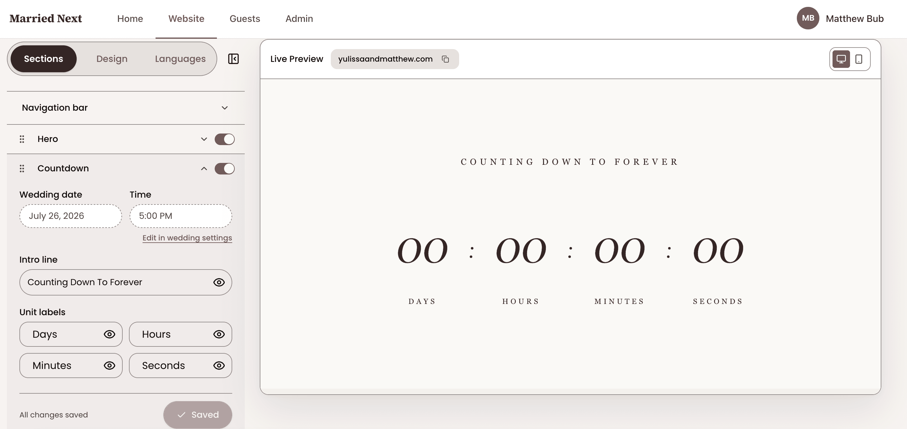 The Countdown section enabled in the Married Next website builder