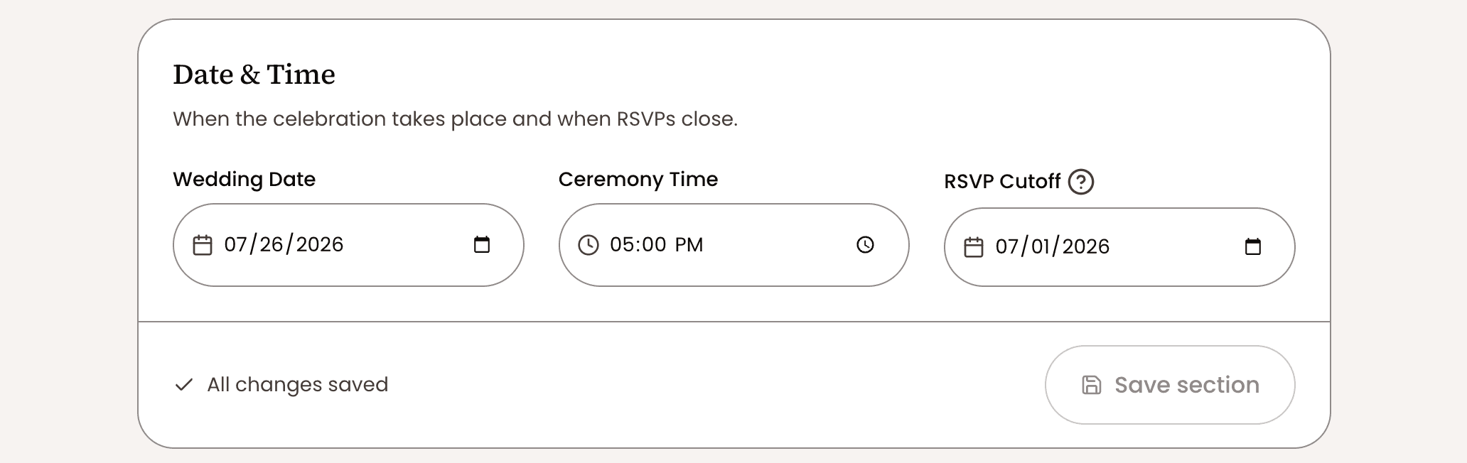 The date and time settings for a wedding in Married Next