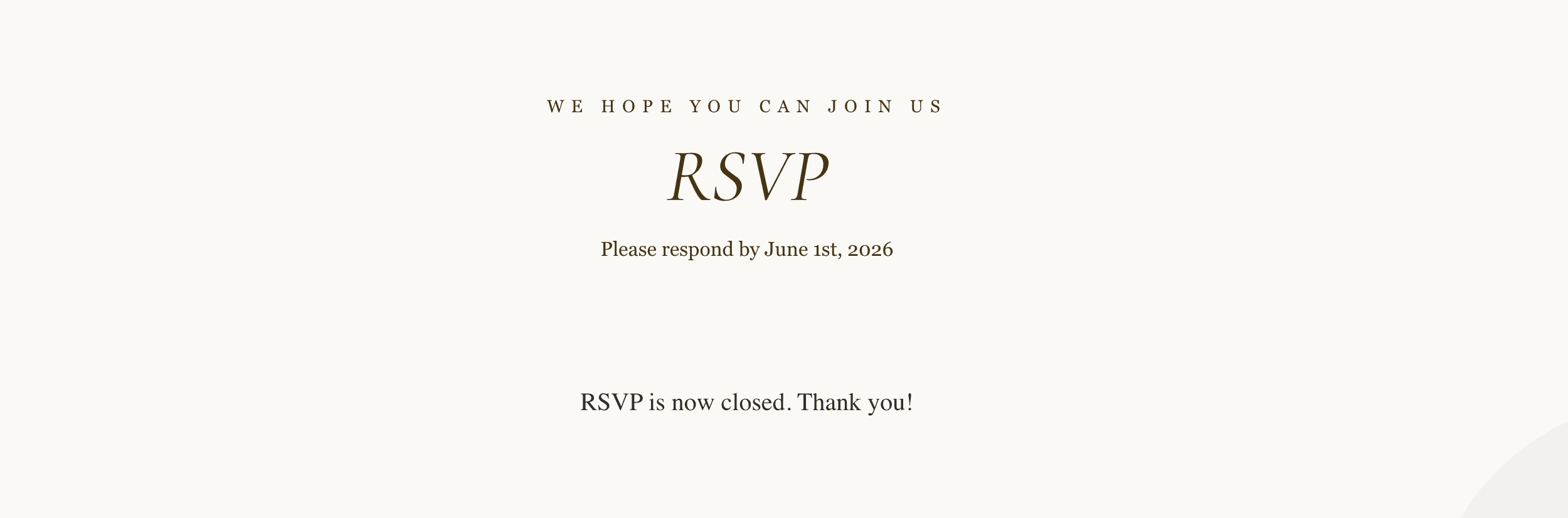 An RSVP card on a wedding website showing that RSVPs are now closed